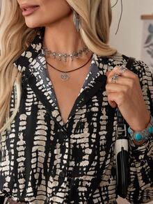 LanaWest Women Stand Collar Cardigan Waist Lantern Sleeve Ruffle Hem Long Sleeve Short Dress - Multicolor - View 6