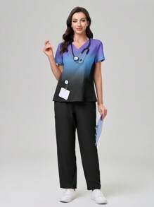 TaskEZ 渐变色 V 领短袖口袋上衣和裤子手术服套装 - 彩色 - 查看 5