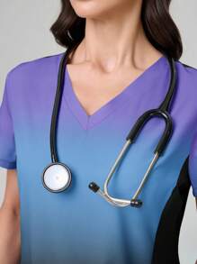 TaskEZ 渐变色 V 领短袖口袋上衣和裤子手术服套装 - 彩色 - 查看 7