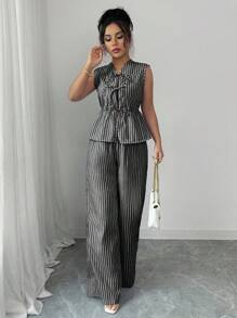 Elenzga 女款休闲度假蓝白条纹前系带设计无袖衬衫+女款休闲度假蓝白条纹松紧腰裤 - 黑色 - 查看 4