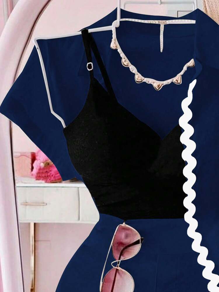 SHEIN Clasi Women's Casual Vacation Lace Trim 2 Pieces Set - Navy Blue - View 3