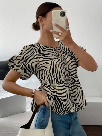 Siren Gaze Women's Zebra Print Short Sleeve Shirt, Beige Elegant V-Neck Blouse With Tie And Puff Sleeve, Cute Ruffle Hem Casual Summer Brunch Top, Regular Fit