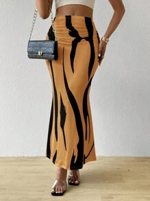 BamGleam Women's Printed Ruched Waist Mermaid Maxi Skirt Fall Cloth For Women - Ginger - View 4