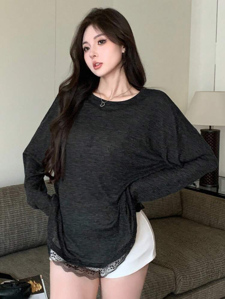 DAZY 春季女款蕾丝拼接长袖宽松长款T恤 - 黑色 - 查看 6