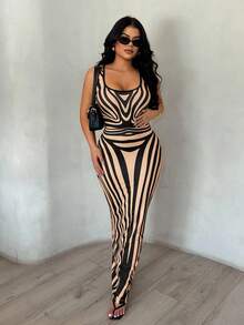 SHEIN SXY Đầm họa tiết ngựa vằn ôm sát gợi cảm thanh lịch dành cho nữ, hở lưng, thích hợp mặc khi đi chơi hàng ngày, hẹn hò, dự tiệc, sinh nhật - màu nâu - Xem 6