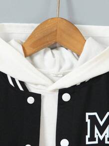 SHEIN Casuvi Kids 2 件/套 青少年男孩学院风套装：黑色针织上衣，白色袖子，印花字母“M”设计，搭配罗纹领、袖口和下摆印花运动裤。舒适、轻松、休闲的风格，适合春季、秋季、日常穿着、运动、学校、旅行 - 黑色 - 查看 7