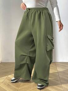 SHEIN CURVE+ 大码纯色抽绳腰阔腿休闲工装裤 - 軍綠色 - 查看 3