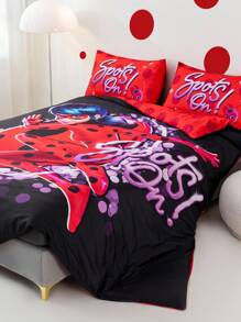 Miraculous Ladybug X SHEIN Juego de Edredón con estampado de lunares y letras de dibujos animados, suave y cálido, diseño sencillo - Multicolor - Ver 6