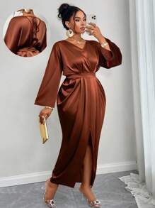 SOLERSUN Đầm dài tay dài, cổ chữ V, xẻ tà, thắt nơ, chất liệu satin co giãn bóng, kiểu dáng mới mùa thu xuân, thanh lịch, thích hợp cho công sở, sinh nhật, dạ hội, tiệc cocktail, đám cưới, mùa lễ hội, thời trang nữ. - màu nâu - Xem 2