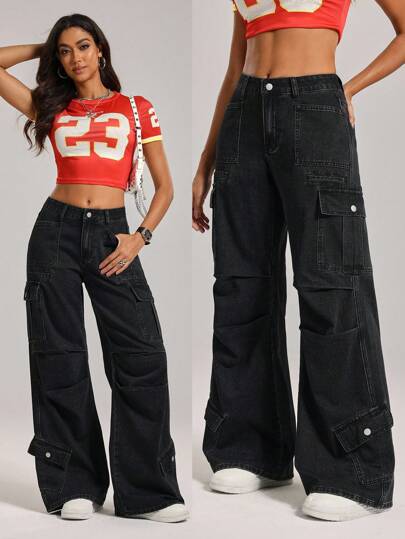 SHEIN Tall Plain Black Extra Long Denim Cargo Jeans With Spacious Pockets And Straight Fit