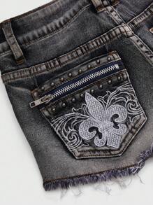 ROMWE J-Fashion Quần short denim nữ thêu họa tiết phong cách Punk Y2K cạp thấp siêu ngắn có khóa kéo và túi đinh tán - màu đen - Xem 4