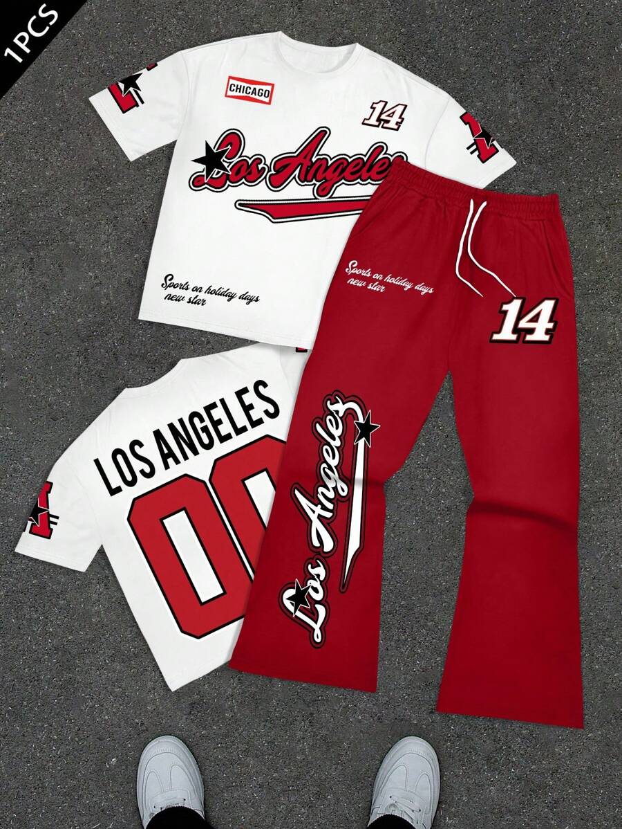 Manfinity EMRG 男士字母印花圆领短袖休闲 T 恤和抽绳腰裤套装，街头设计 T 恤和运动裤两件套服装 - 彩色 - 查看 1