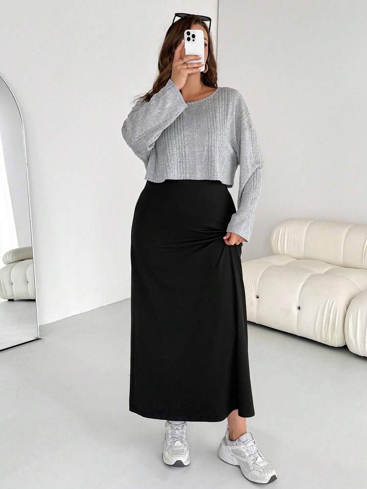 SHEIN Essnce 大码女装秋冬时尚休闲宽松舒适日常基础百搭灰色拉绒面料长袖上衣和黑色长背心连衣裙两件套，秋季服装，机场服装，简约风格 - 灰色 - 查看 6