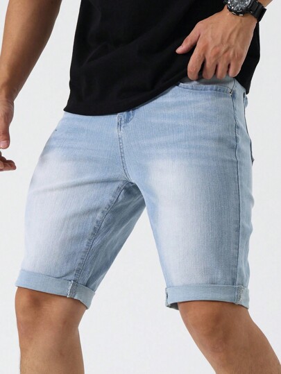 Manfinity Homme Men's Pocket Skinny Casual Versatile Denim Shorts Stretch Washed Slim-Fit Denim Shorts
