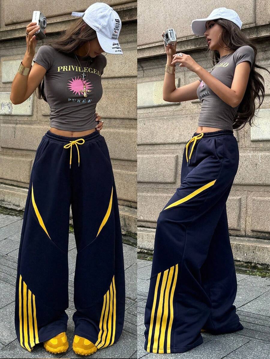 Coolane 女士春夏情侣装比赛日外出学院风黄色撞色织带运动裤,狂欢节 - 藏蓝色 - 查看 1