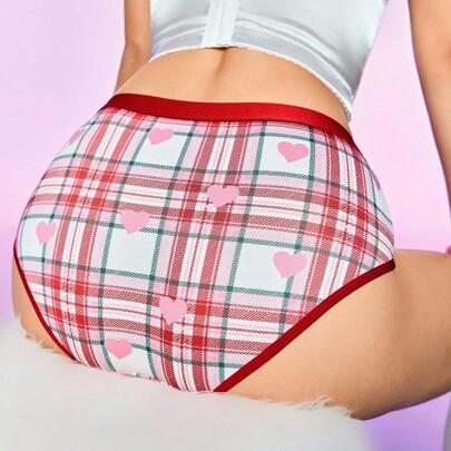 여성 하트 체크 프린트 탄성 허리 팬티