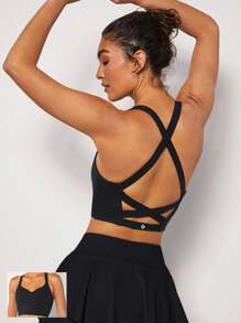 GLOWMODE FeatherFit™ Sweetheart Neck Crisscross Back Wide Strap Sports Bra - Black - View 1