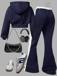 Girlism Teen Girls Hoodie & Sweatshirt Co-Ords, English Print Hoodie And Contrast Waistband Pants 2 Pieces Set Girls Sweat Outfit Sweat Set Navy Blue Hoodie Girls Hoodie Set Girls Sweatsuit Girls Tracksuit/Halloween/Autumn/Christmas/Holiday/Festival/Winter Fall - Blue and White - View 2