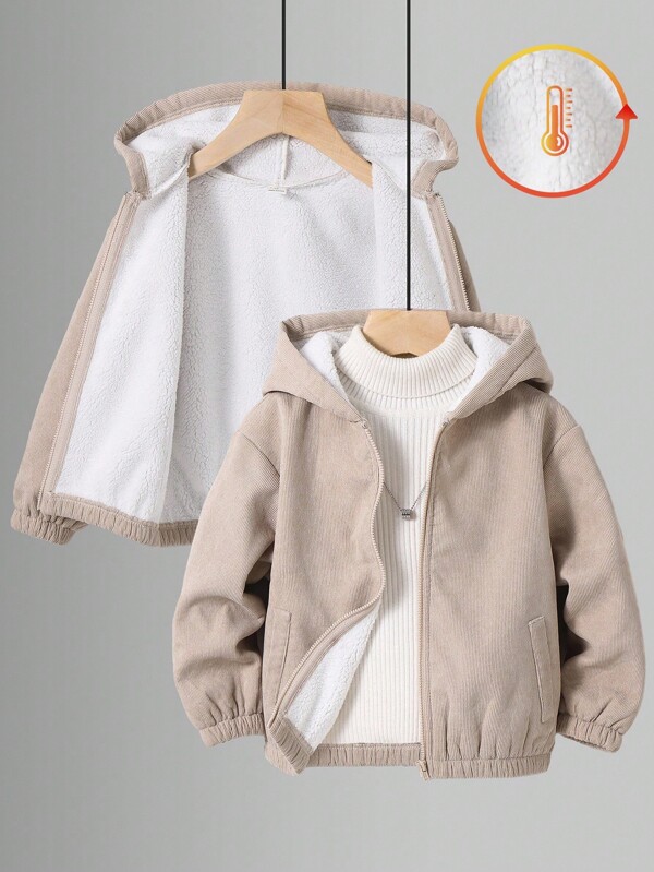 Young Boys Thick Wool Hooded Jacket, Khaki, Hooded Zip-Up Sweatshirt, Casual Tops, Suitable For Spring, Summer, Autumn, Winter, Back To School, Garden, Beach, Birthday Fall