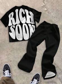 SHEIN 青少年男孩休闲酷炫卡通人物印花，“Rich Soon”文字印花圆领 T 恤上衣、钱包和火焰印花喇叭裤 2 件套，适合夏季、街头服饰、摇滚音乐、优雅休闲 - 彩色 - 查看 4