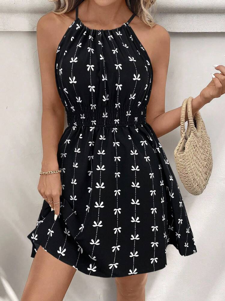 Easowa 女士休闲蝴蝶结挂脖无袖迷你连衣裙，夏季日常穿着的基本款 - 黑與白 - 查看 6