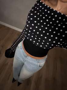 Glamine Elegant Party Off-Shoulder Polka Dot Print Women's Black Mesh Long Sleeve Undershirt, Winter - Black - View 1