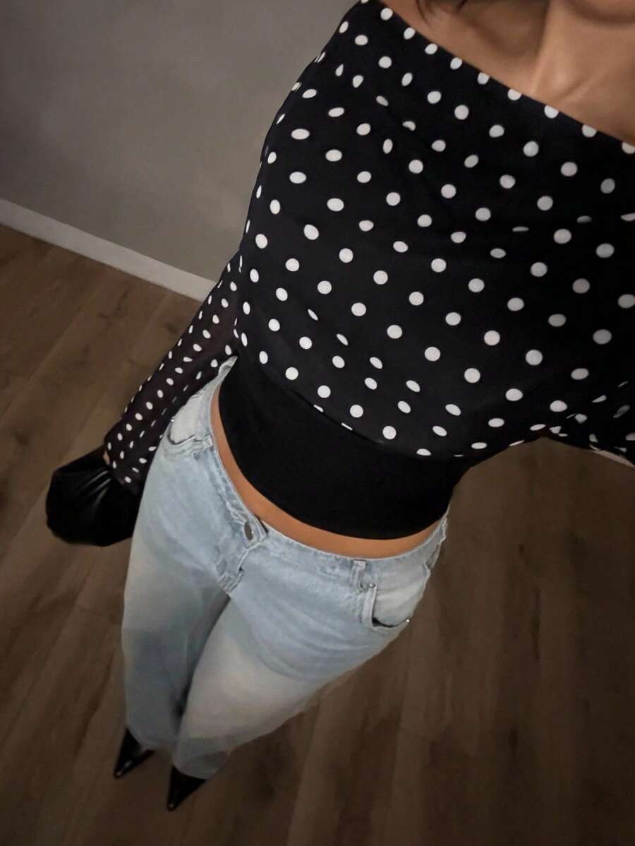 Glamine Elegant Party Off-Shoulder Polka Dot Print Women's Black Mesh Long Sleeve Undershirt, Winter - Black - View 1