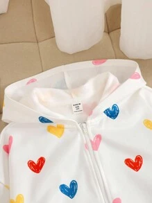 SHEIN 少女彩色爱心印花拉链连帽宽松保暖卫衣/外套，适合居家、户外和上学穿着，秋冬季节。 - 彩色 - 查看 3