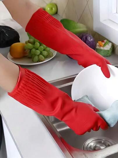 1 pieza Guantes de goma duraderos y resistentes al agua, antideslizantes, para uso doméstico, de cocina, jardinería y lavado. Guantes de protección reutilizables para mujeres y hombres con agarre antideslizante. Accesorios de cocina y decoración del hogar en color rojo.