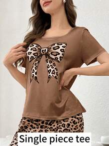 1件豹纹蝴蝶结装饰睡衣上衣 - 棕色 - 查看 3