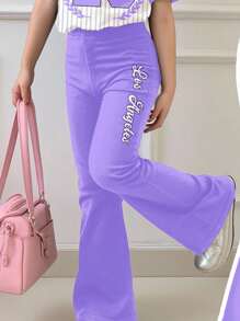 SHEIN Leap Crew 2 件套青少年女孩休闲宽松蝴蝶结条纹字母印花短款上衣和喇叭裤套装，适合夏季 - 白色 - 查看 5