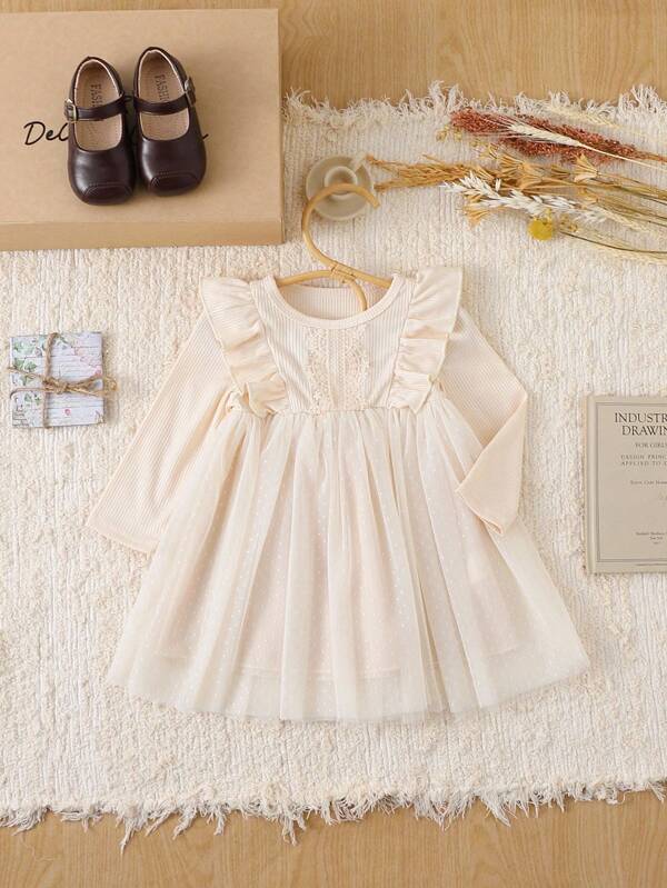 SHEIN 3M-3Y 女婴优雅甜美蕾丝边装饰针织面料拼布波尔卡圆点网眼裙摆公主长袖连衣裙，柔软舒适，适合春季、夏季、秋季、生日派对、拍照、学校、休闲外出