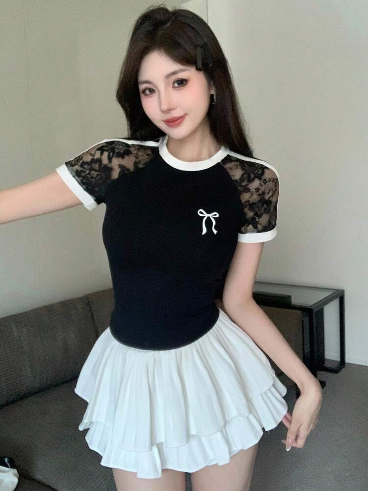 Spring/Summer Hollow Lace Ribbon Contrast Color Patchwork Bow Decor Sexy Slim Casual Short Sleeve Women T-Shirt Cute Top