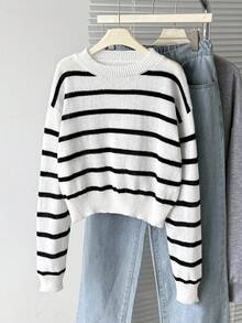 SHEIN Girls & Teens' Fashionable Casual Versatile Black & White Striped Sweater Cropped Sweater Cute Tops Aesthetic Clothes Summer Sweater Striped Cropped Sweater Teen Clothes Fall Winter