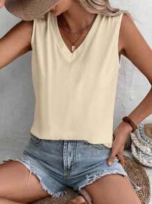 EMERY ROSE Apricot Plus Size Simple Versatile Fitted V-Neck Women's Tank Top, Suitable For Summer, Holiday For Women - Apricot - View 1