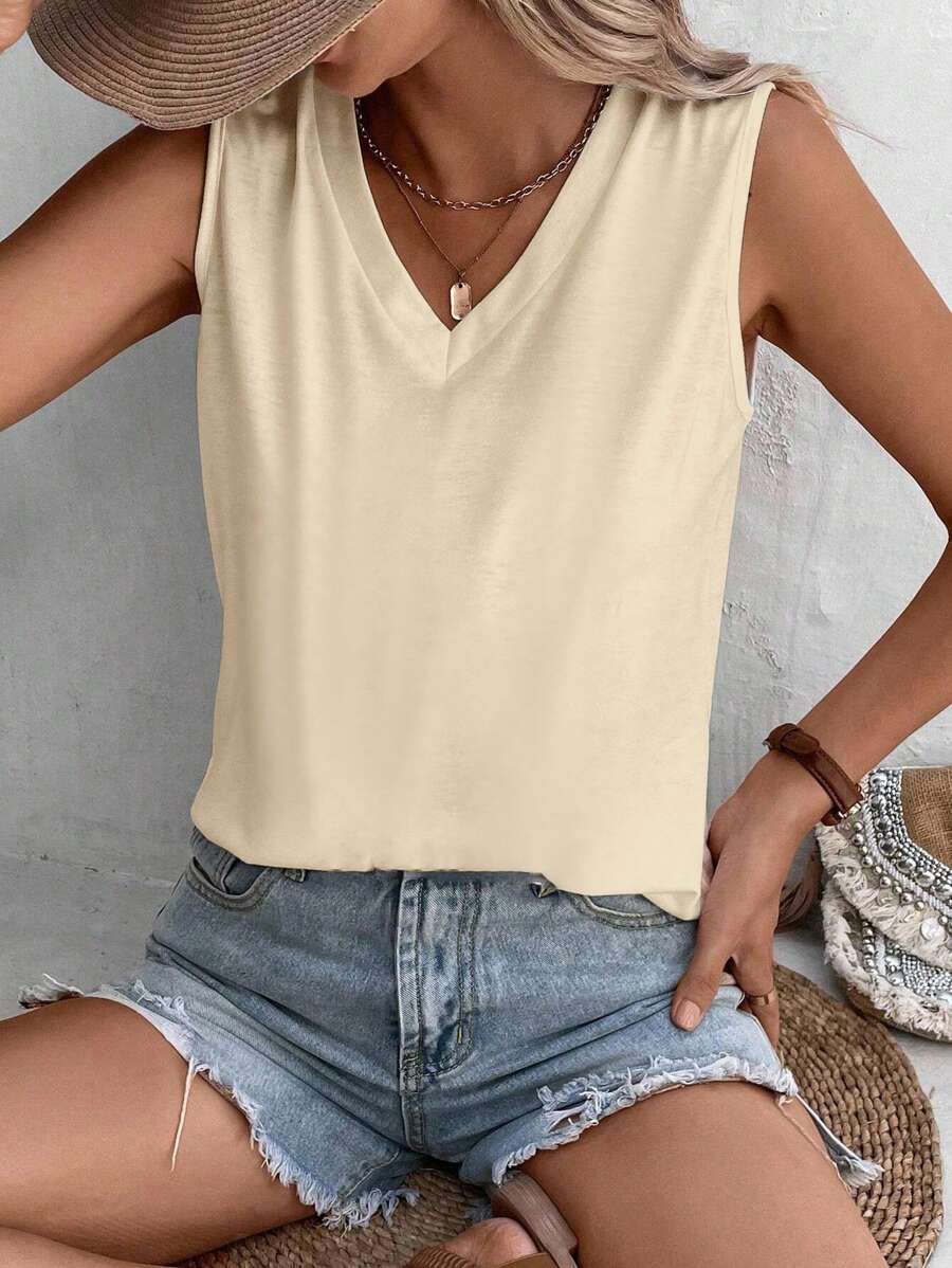 EMERY ROSE Apricot Plus Size Simple Versatile Fitted V-Neck Women's Tank Top, Suitable For Summer, Holiday For Women - Apricot - View 1