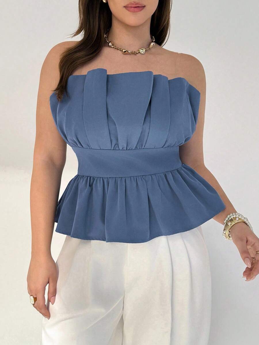 Auralis Damen Große Größen Trägerloses Shirt, Herbstmode für Damen, Blaue Oberteil Tops Y2K Süße Tops für Damen Off-Shoulder Top