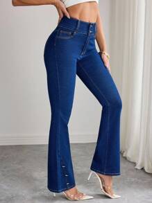 Elenzga Quần ống loe denim cài nút dành cho nữ - Rửa tối - Xem 5