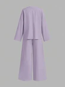 Firerie 女士休闲优雅度假时尚前系带宽松衬衫和高腰弹力宽松裤两件套 - 紫羅蘭色 - 查看 6