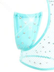 ChaseTheNight 2pcs Sexy & Glamorous Asymmetric Design Rhinestone Decor Sheer Romper + G-String Women Lingerie Set For Rave, Going Out - Mint Green - View 3