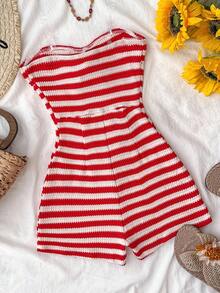 SHEIN 少女度假条纹针织红白针织褶皱面料抹胸吊带领蝴蝶结连体裤，舒适贴身，适合派对、情人节，可作为内衣或外套穿着 - 紅白色 - 查看 2