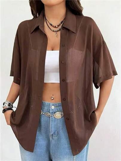 SHEIN EZwear Plus Size Solid Color See-Through Button Front Summer Short Sleeve Blouse For Women,Going Out Tops,Back To School