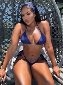Alexandranx Summer Beach Plain Halter Bikini - Navy Blue - View 5