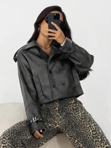 SHEIN EZwear Women's Shoulder Pad Long Sleeve Double-Breasted PU Leather Fashion Short Jacket Autumn Winter Clothes For Women - Black - View 1