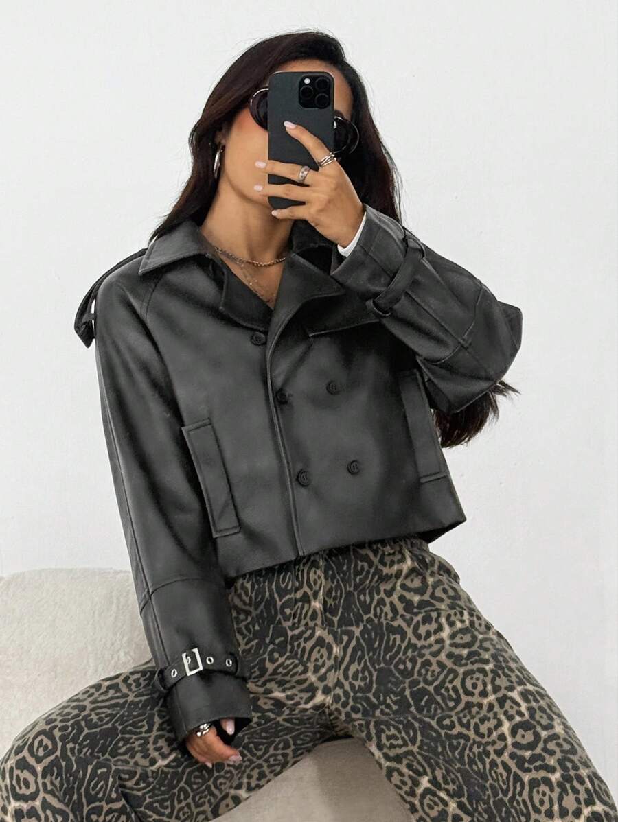 SHEIN EZwear Women's Shoulder Pad Long Sleeve Double-Breasted PU Leather Fashion Short Jacket Autumn Winter Clothes For Women - Black - View 1