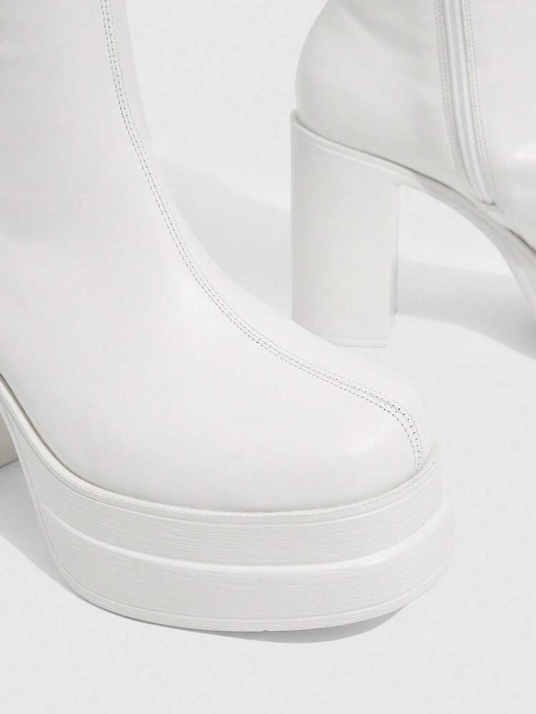 CUCCOO SZL Women Round Toe Thick Heel Elastic Ankle Boots, Fashion Minimalist Beige Ankle Boots - White - View 11