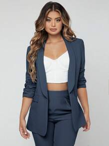 EURMUSE Spring Black Elegant Green Fruit Collar Cardigan Blazer And Trouser Suit - Dark Grey - View 6