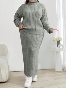 SHEIN Cottnline Cable Knit Turtleneck Sweater And Skirt 2 Pieces Set - Light Grey - View 5