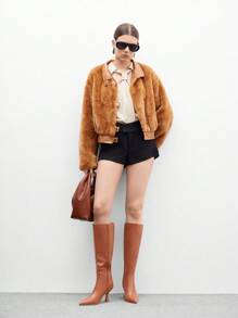 CUCCOO BIZCHIC Bottes mi-mollet à talon fin et bout pointu, de couleur unie et style minimaliste pour femmes - Tabac - Voir 10