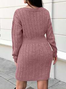 EURMUSE Plus Size Solid Color Minimalist Everyday Knit Long Sleeve Sweater Dress - Dusty Pink - View 2
